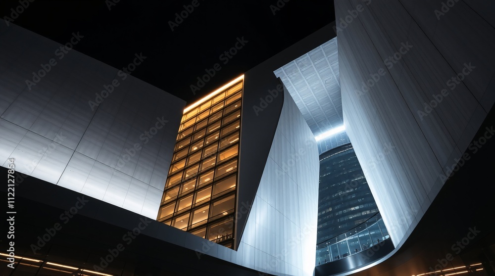 Poster modern architecture at night: a low angle perspective captures the sleek, angular lines of a modern 