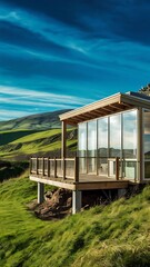 Fototapeta premium Eco-friendly glass house with wooden porch near green hills under blue sky in scenic countryside