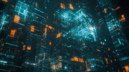 Fototapeta premium Futuristic digital cityscape with glowing lights.