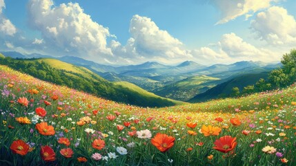 Rolling hills covered in vibrant wildflowers, inviting a sense of peace and tranquility.