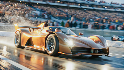 Modern racing car, a symphony of speed and precision, on a wet track.High-performance vehicle in motion, water spray and speed creating a dynamic scene.A sleek, bronze racer navigates a racetrack, the