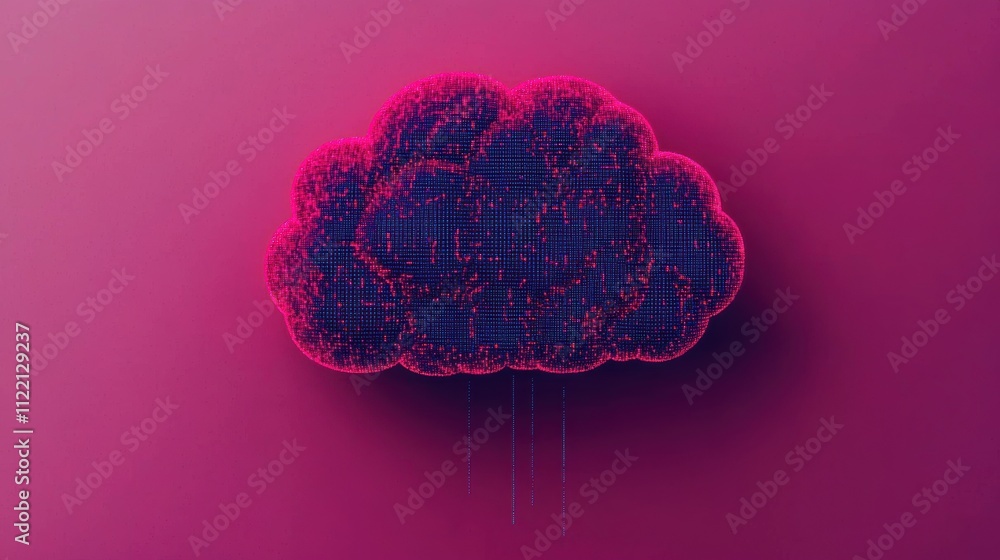Poster digital cloud icon composed of small pixelated dots with dripping lines on a pink background.