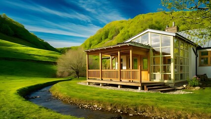 Obraz premium Eco-friendly glass house with wooden porch near green hills under blue sky in scenic countryside