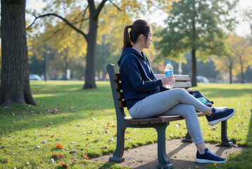 Fototapeta premium A young Asian woman with a ponytail sits on a park bench, wearing a blue hoodie and gray sweatpants, holding a water bottle. Autumn trees surround her.