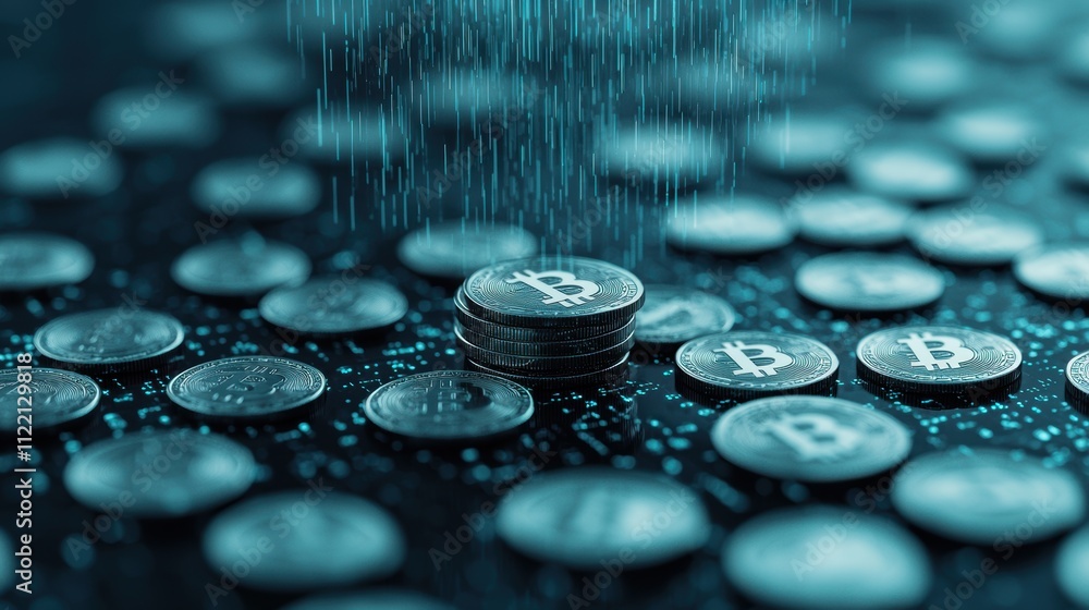 Poster stacked bitcoin coins with digital rain effect on a reflective dark surface. futuristic cryptocurren