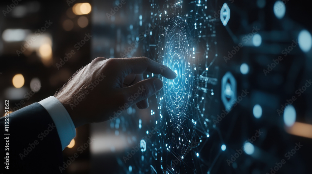 Poster a businessman taps a rocket launch icon on a digital screen. the concept of a system or technologica