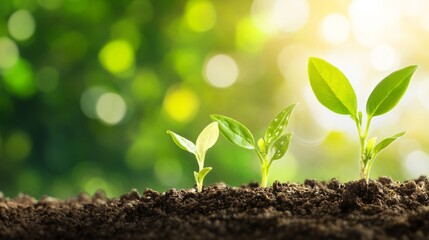 Fototapeta premium Growing plants emerging from rich dark soil.