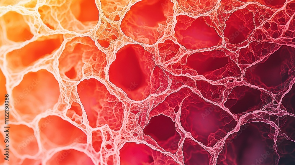 Aufkleber close-up view of intricate network of translucent fibers in red and orange tones.