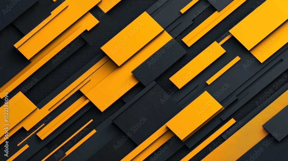 Poster abstract geometric composition with overlapping yellow and black rectangles and textured details.