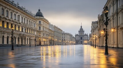 Fototapeta premium Historic street with beautiful architecture and lights.