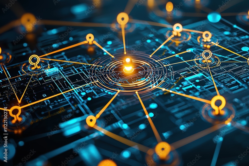 Aufkleber digital network visualization with glowing orange nodes and blue circuit lines on a dark background.