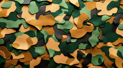 Naklejka premium A vibrant array of camouflage patterns featuring green, brown, and tan colors, creating a textured visual ideal for military or outdoor themes.