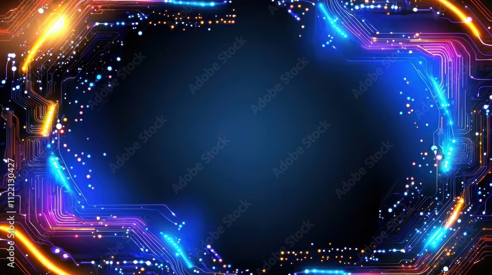 Poster glowing neon circuit board with futuristic elements on a dark background.