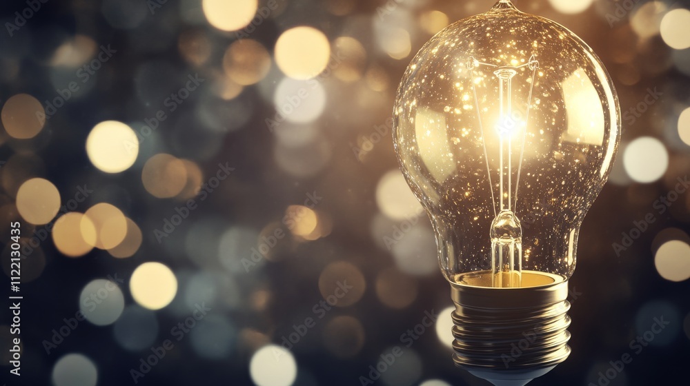 Poster illuminating light bulb with sparkling backdrop.