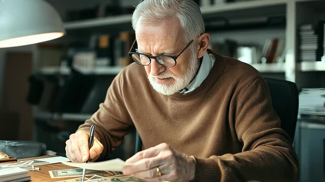 Senior Man Counting Cash with Magnifying Glass in Quiet Study