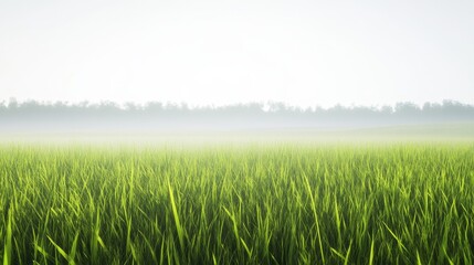 Obraz premium Lush green grass field under foggy sky.