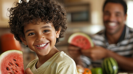 Joyful Family Moment in Modern Kitchen with Watermelon