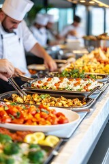 Obraz premium Buffet system restaurant, food assortment, free service, World Buffet Day