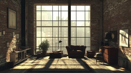 Spacious loft interior with exposed brick walls, large windows, and eclectic furnishings creating a cozy vibe.