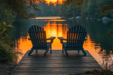 Fototapeta premium sunrise illuminating two empty adirondack chairs on a tranquil dock by a serene lake in muskoka, ontario, creating a peaceful and inviting ambiance as sun rays cast long shadows