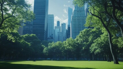 Fototapeta premium Lush greenery with urban skyline backdrop.
