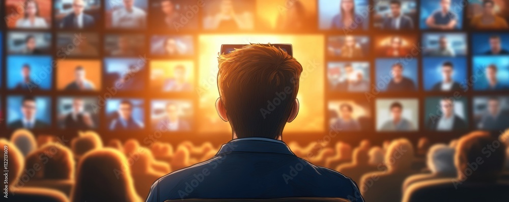 Poster man sitting in an audience viewing multiple screens with virtual participants.