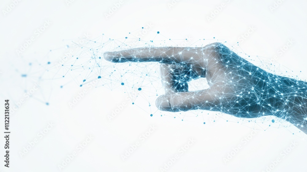 Aufkleber human hand touching a digital network of interconnected nodes and lines on a white background.