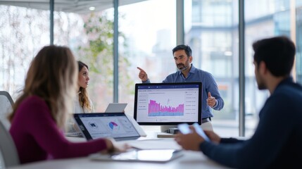 Team meeting in a modern office with a manager presenting data on a large screen