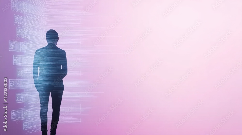 Poster silhouette of a person standing with digital interface graphics on a pink gradient background. techn