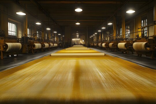 Workers operating textile looms in mill