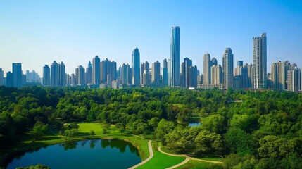 Obraz premium Modern city skyline amidst lush green park.