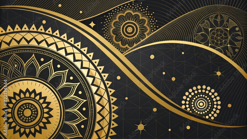Poster abstract black and gold geometric background with intricate designs and patterns for modern decor. g