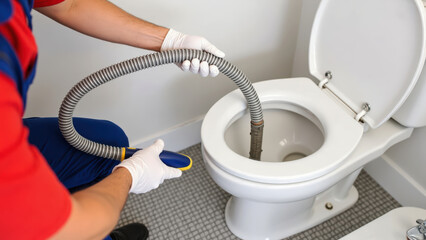 Plumbing Technician Employing Drain Snake to Unblock Toilet in Well-Equipped Bathroom
