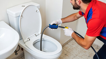 Skilled Plumber Demonstrating Drain Snake Technique on Bathroom Toilet Fixture