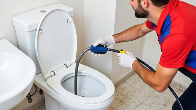 Skilled Plumber Demonstrating Drain Snake Technique on Bathroom Toilet Fixture