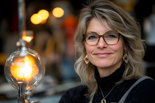 Female glassblower shaping molten glass - Powered by Adobe