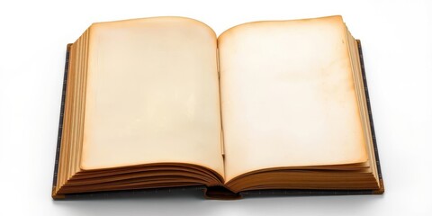 Old open book with yellowed pages and intricate cover design on white background isolation, empty, antique