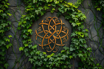 An abstract symmetrical Celtic style knot surrounded by ivy against an old wall.