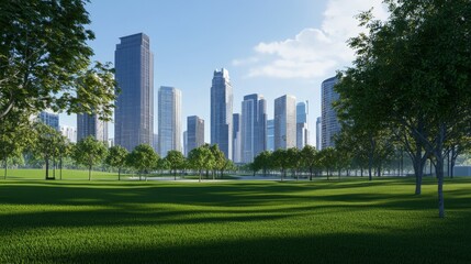 Obraz premium Modern skyline with green park under blue sky.