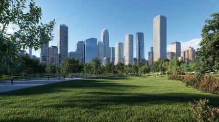 Obraz premium Modern skyline with lush green park foreground.
