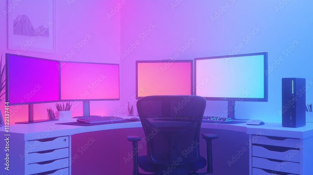 Poster modern workspace with three computer monitors.