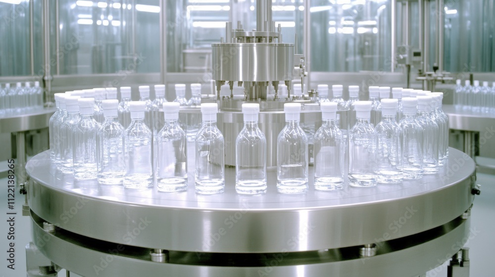 Poster automated bottling machine in a modern factory filling transparent glass bottles in a clean environm