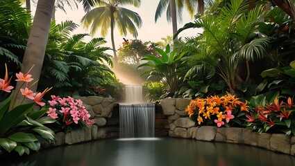 Obraz premium Tranquil Waterfall Oasis Lush Tropical Garden Paradise