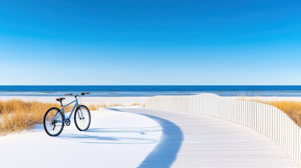 Fototapeta premium Idyllic Beach Pathway with Bicycle Under Clear Blue Sky and Ocean View