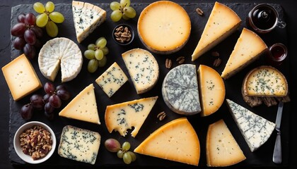 Cheese platter, gourmet mood, assorted cheeses and grapes, dark background