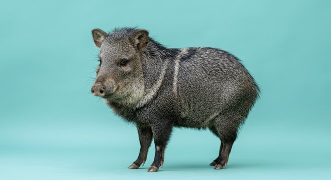Curious javelina standing against turquoise background for nature and wildlife focused projects