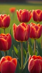 Obraz premium Vibrant red tulips bloom under the warm sunlight in a lush green field during a serene spring afternoon. Generative AI