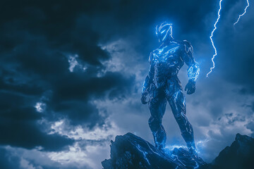 A powerful Zeus in futuristic glowing blue cyber armor, standing on Mount Olympus, lightning bolts illuminating the stormy sky, majestic and divine


