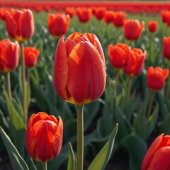Fototapeta premium Vibrant red tulips bloom under a clear sky in a vast field, capturing the essence of spring beauty and nature's colors. Generative AI