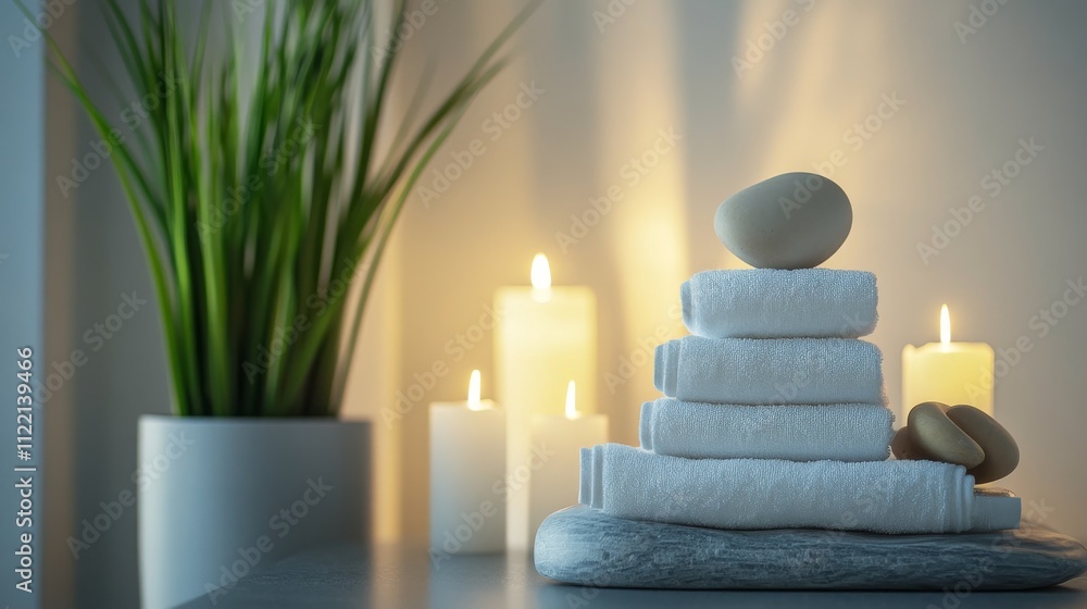 Poster relaxing spa setup with towels and candles.